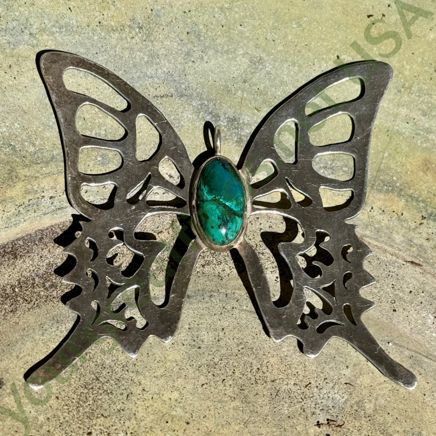 Huge Sterling Silver & Chrysocolla Butterfly Pendant & Chain Necklace pendant