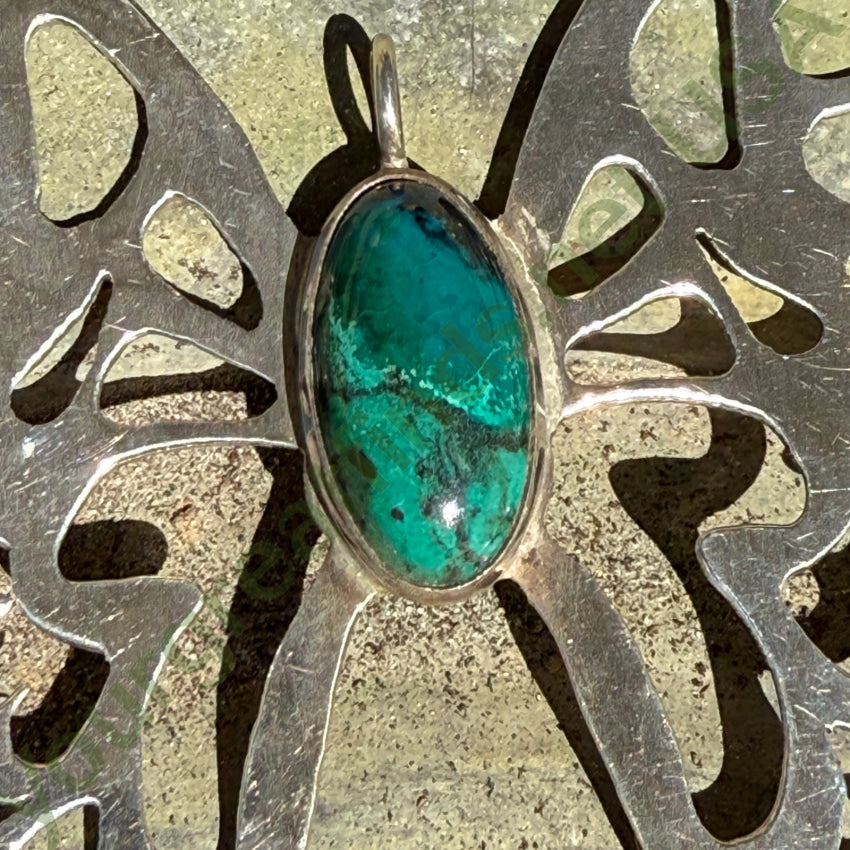 Huge Sterling Silver & Chrysocolla Butterfly Pendant & Chain Necklace pendant