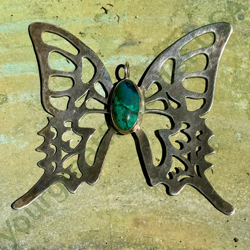 Huge Sterling Silver & Chrysocolla Butterfly Pendant & Chain Necklace pendant
