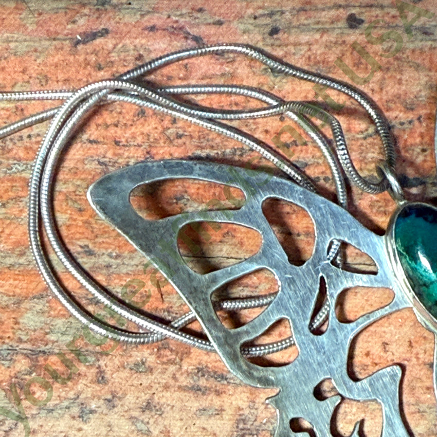 Huge Sterling Silver & Chrysocolla Butterfly Pendant & Chain Necklace pendant