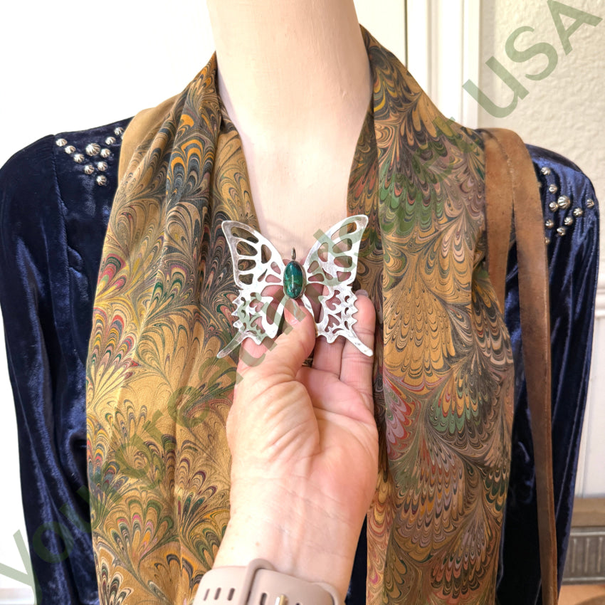 Huge Sterling Silver & Chrysocolla Butterfly Pendant & Chain Necklace pendant