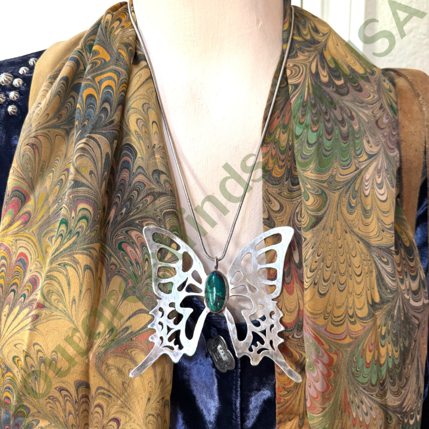 Huge Sterling Silver & Chrysocolla Butterfly Pendant & Chain Necklace pendant