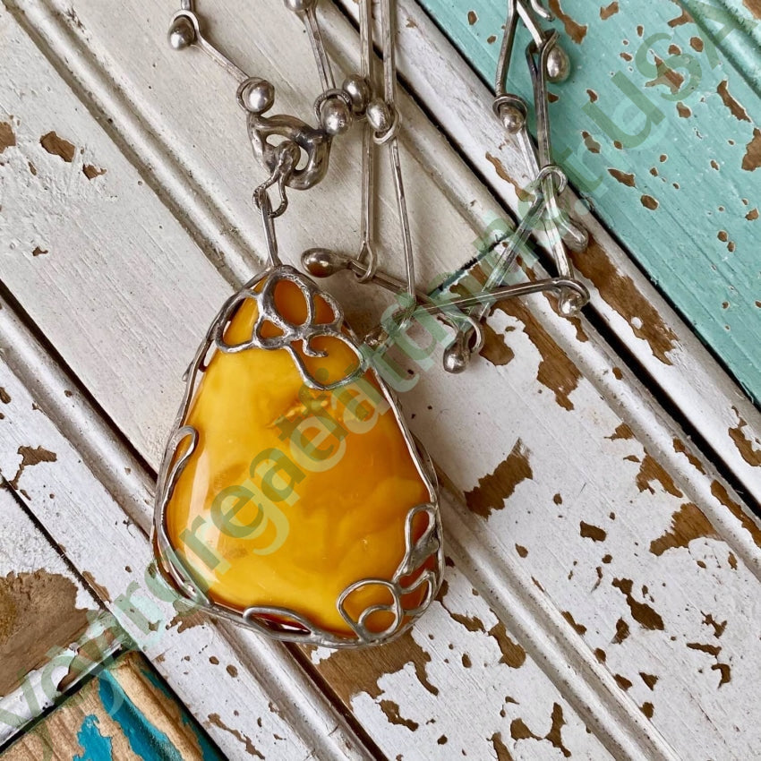 Huge Vintage Brutalist Egg Yolk Amber Necklace Sterling Silver Yourgreatfinds