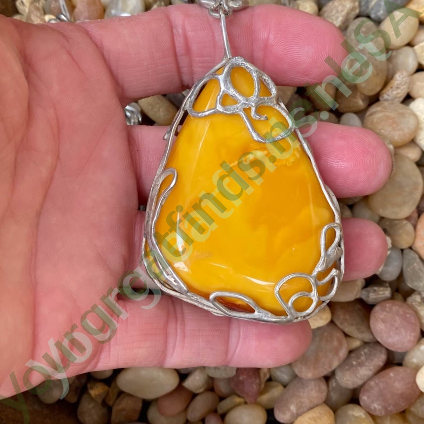 Huge Vintage Brutalist Egg Yolk Amber Necklace Sterling Silver Yourgreatfinds