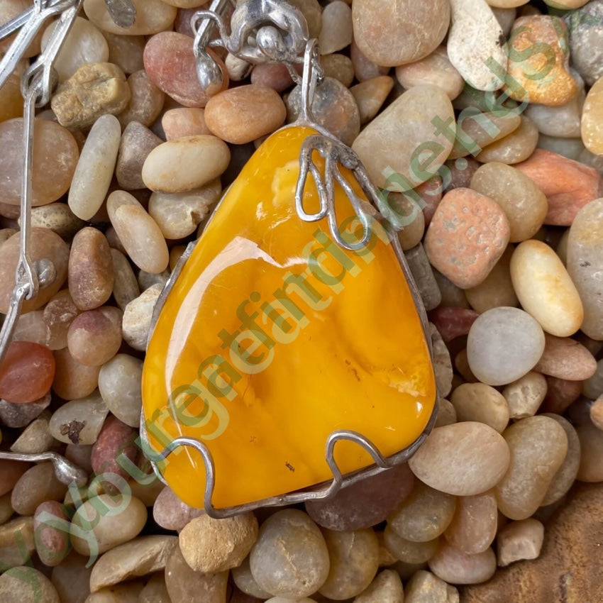 Huge Vintage Brutalist Egg Yolk Amber Necklace Sterling Silver Yourgreatfinds