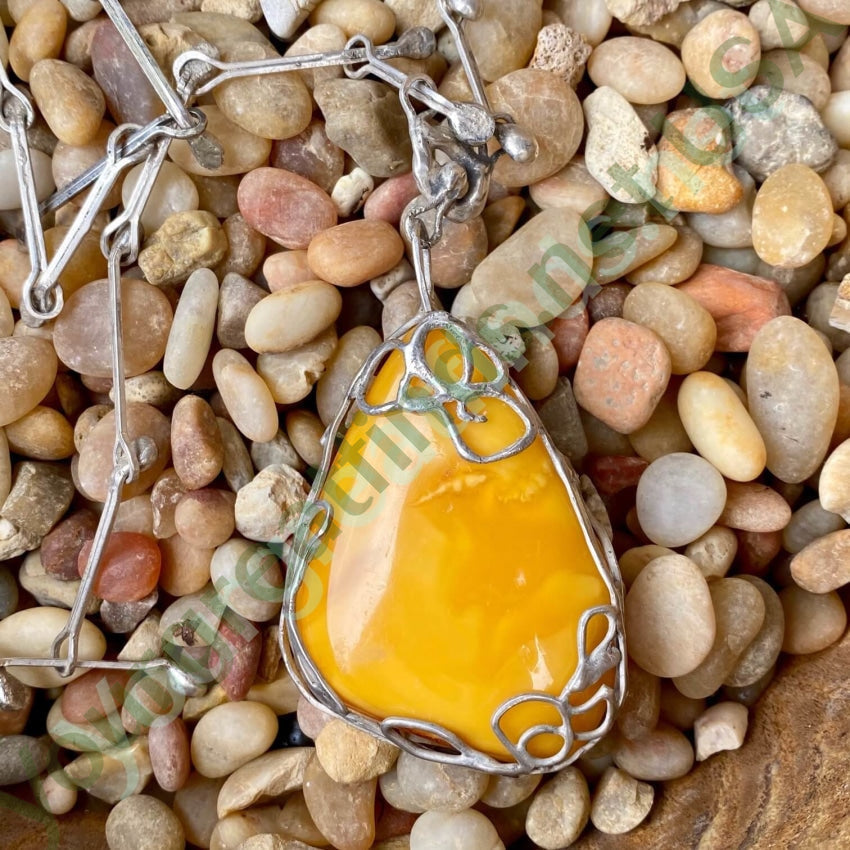 Huge Vintage Brutalist Egg Yolk Amber Necklace Sterling Silver Yourgreatfinds