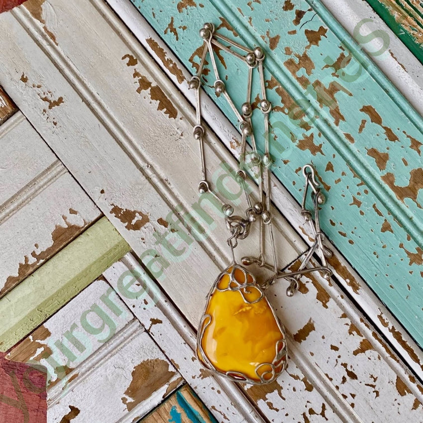 Huge Vintage Brutalist Egg Yolk Amber Necklace Sterling Silver Yourgreatfinds