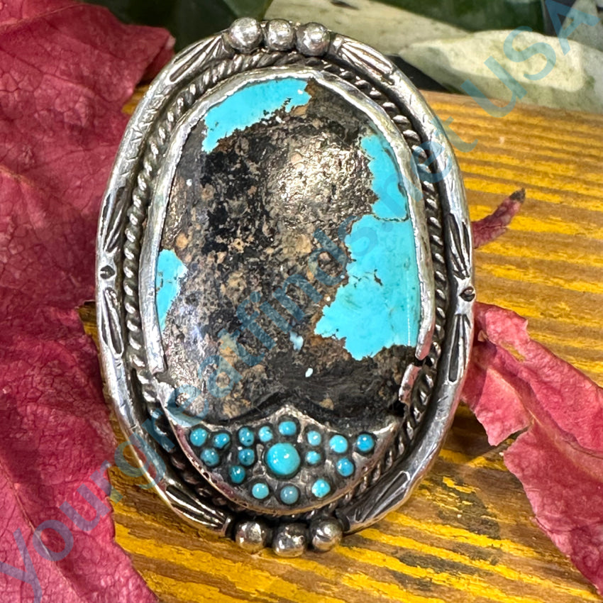 Huge Vintage Navajo Blue & Black Carlin Mine Turquoise Ring Size 7 3/4