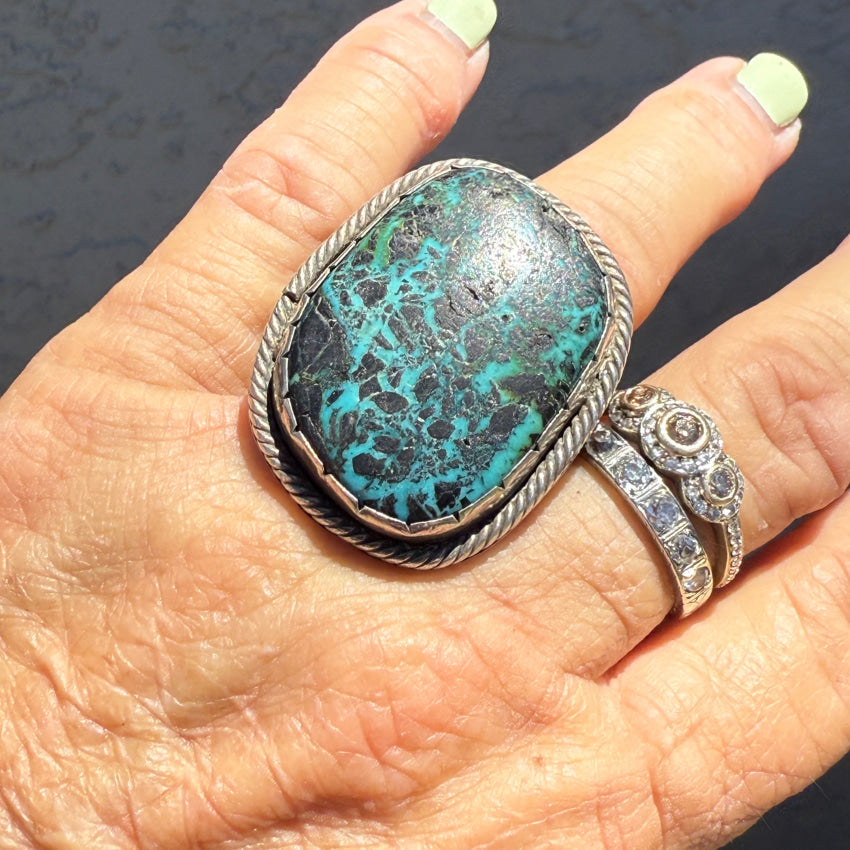 Huge Vintage Navajo Sterling Silver & Carlin Mine Spider Web Turquoise Ring 9 ring