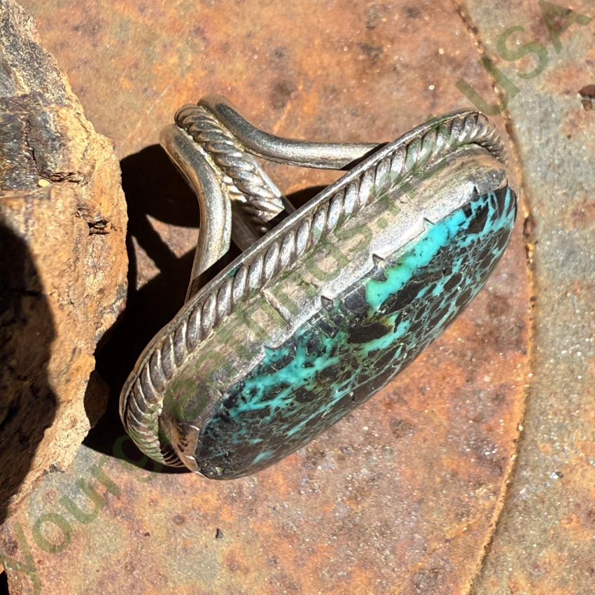 Huge Vintage Navajo Sterling Silver & Carlin Mine Spider Web Turquoise Ring 9 ring