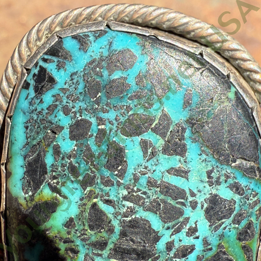 Huge Vintage Navajo Sterling Silver & Carlin Mine Spider Web Turquoise Ring 9 ring