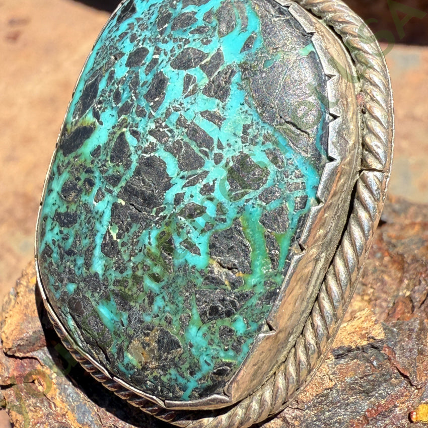 Huge Vintage Navajo Sterling Silver & Carlin Mine Spider Web Turquoise Ring 9 ring