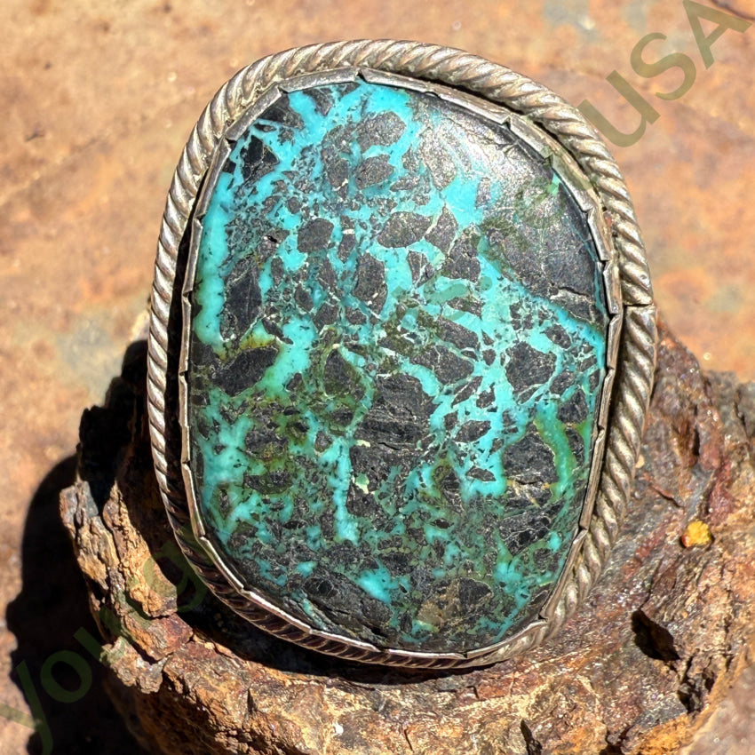 Huge Vintage Navajo Sterling Silver & Carlin Mine Spider Web Turquoise Ring 9 ring