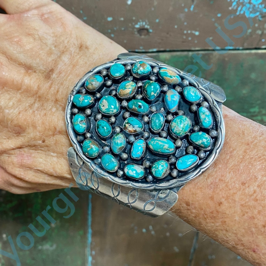 Huge Vintage Navajo Turquoise Cluster Bracelet Sterling Silver