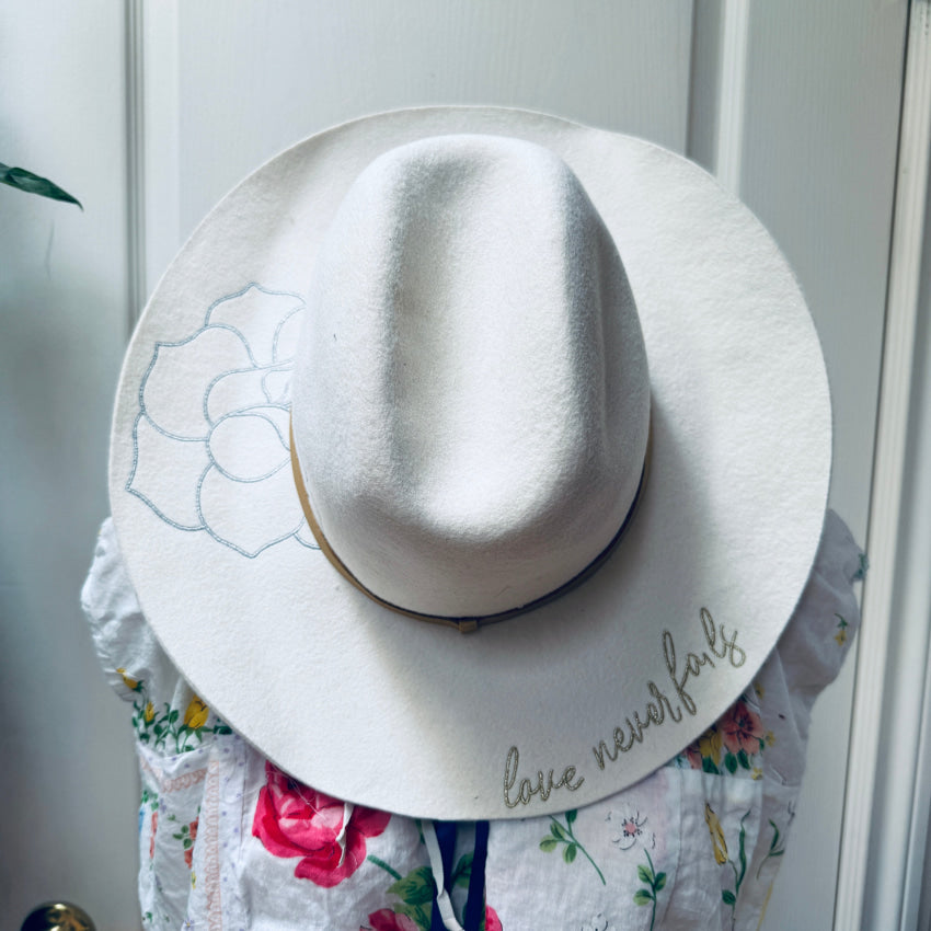 Ivory Wool ’Love Never Fails’ Rose Embroidered Western Hat hat