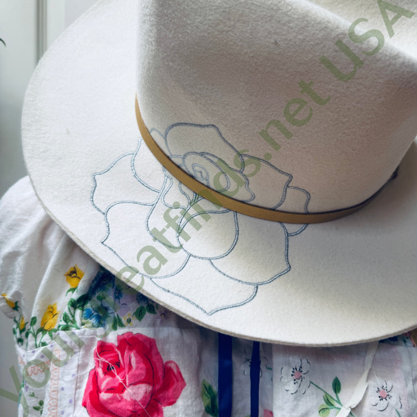 Ivory Wool ’Love Never Fails’ Rose Embroidered Western Hat hat