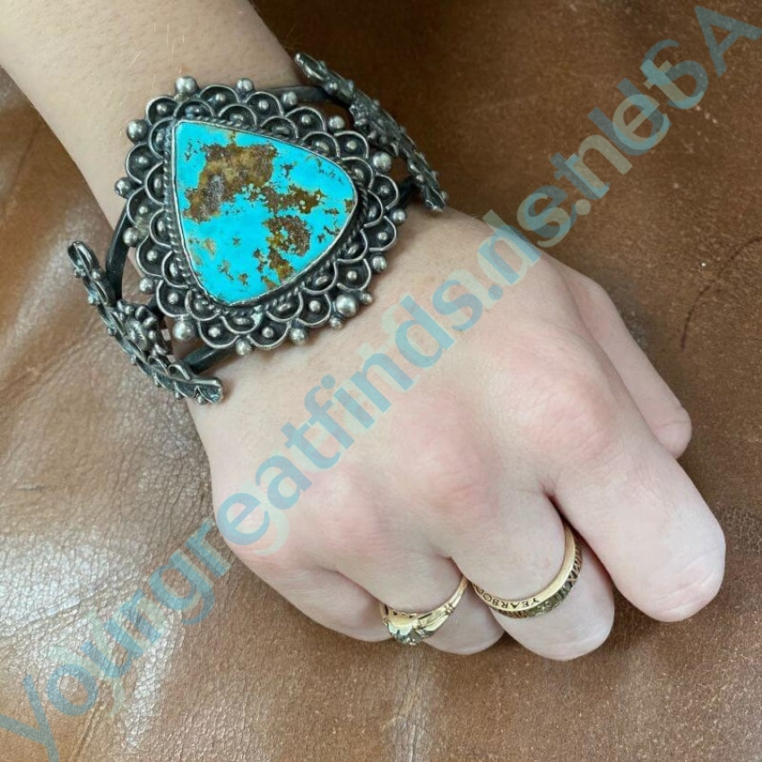 Lacy Navajo Cuff Bracelet with Pilot Mountain Turquoise Yourgreatfinds