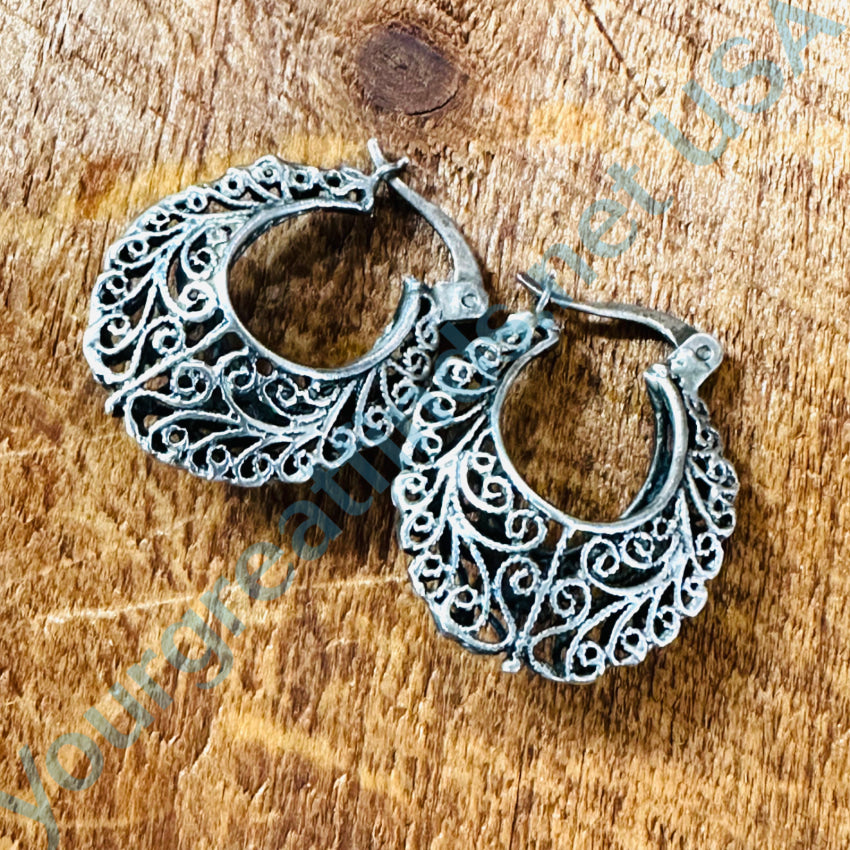 Lacy Vintage Sterling Silver Pierced Hoop Earrings Mexico Earrings