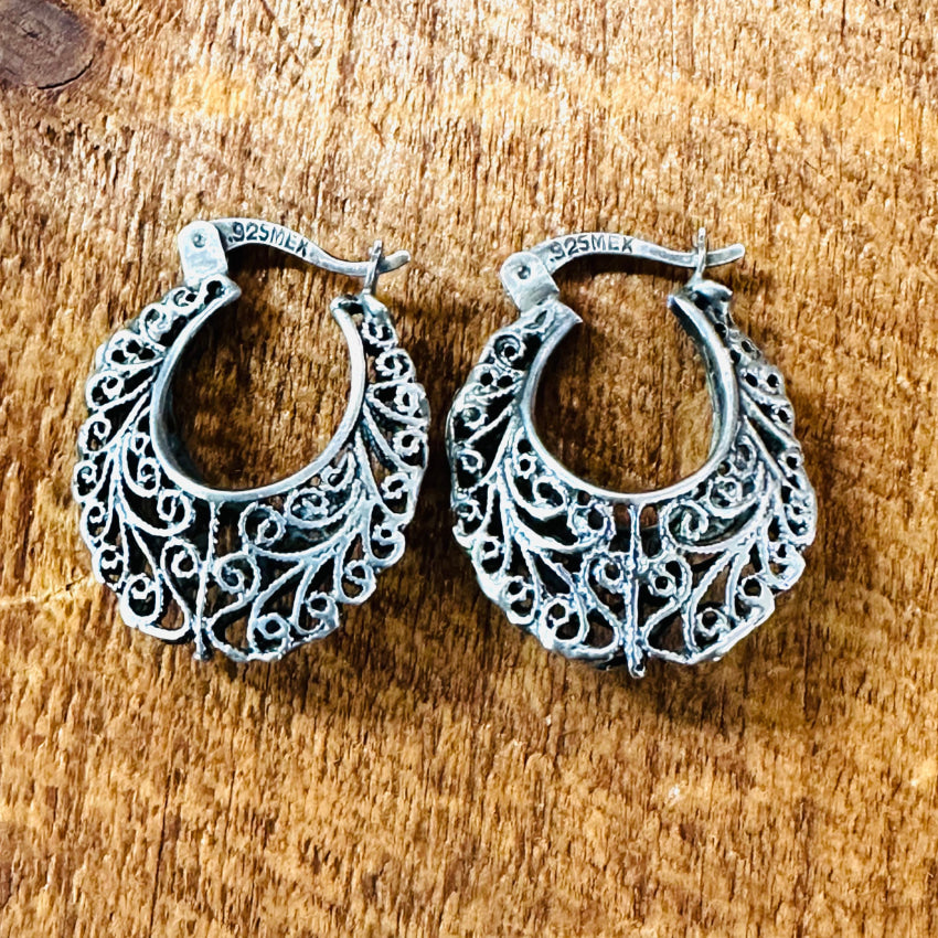 Lacy Vintage Sterling Silver Pierced Hoop Earrings Mexico Earrings