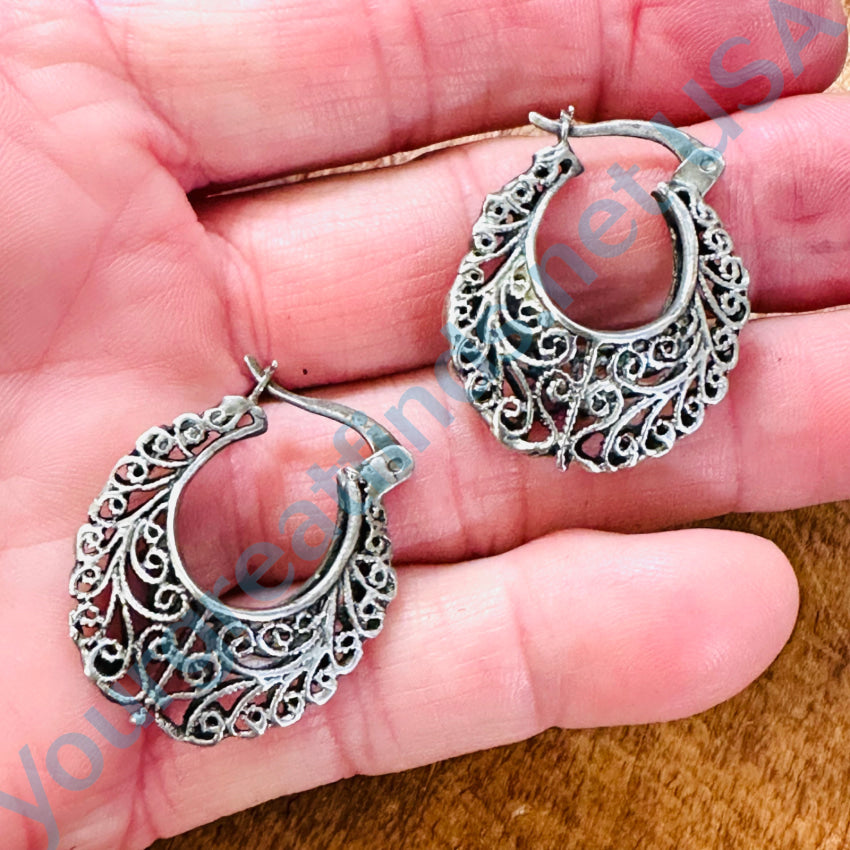 Lacy Vintage Sterling Silver Pierced Hoop Earrings Mexico Earrings