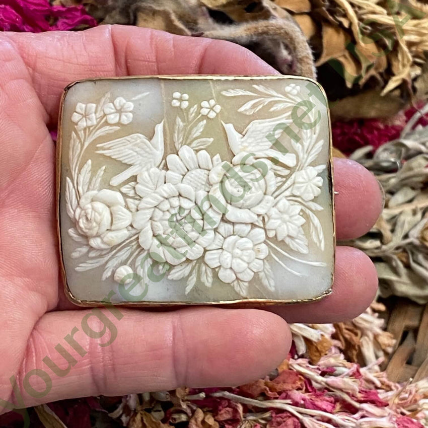 Large Antique 14K Gold Carved Cameo Love Birds Brooch