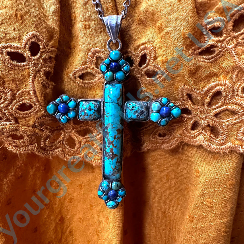 Large Chunky Sterling Silver Turquoise Lapis Cross Necklace Necklace