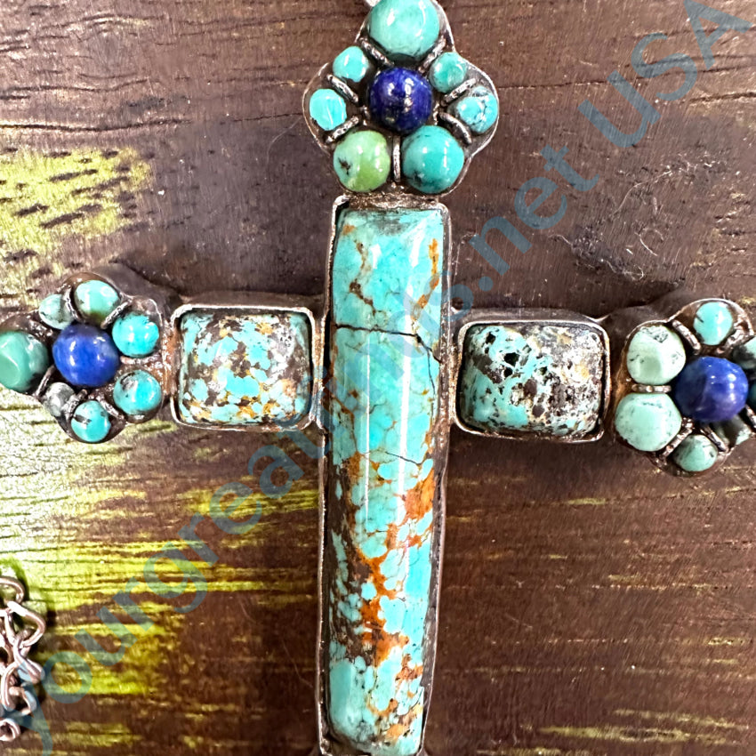 Large Chunky Sterling Silver Turquoise Lapis Cross Necklace Necklace