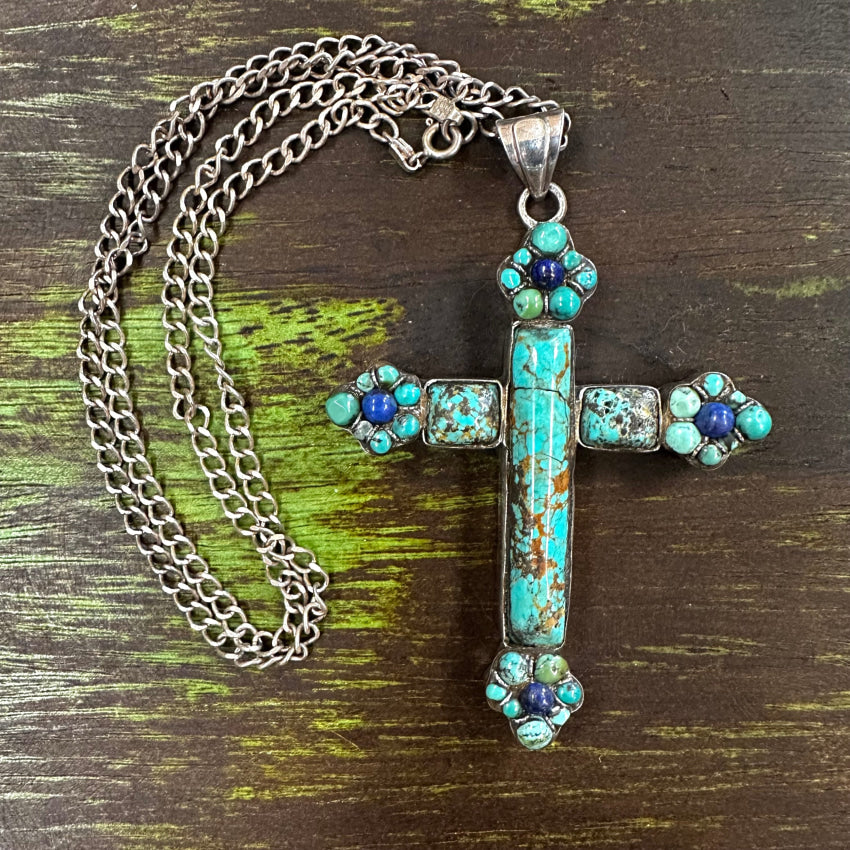 Large Chunky Sterling Silver Turquoise Lapis Cross Necklace Necklace