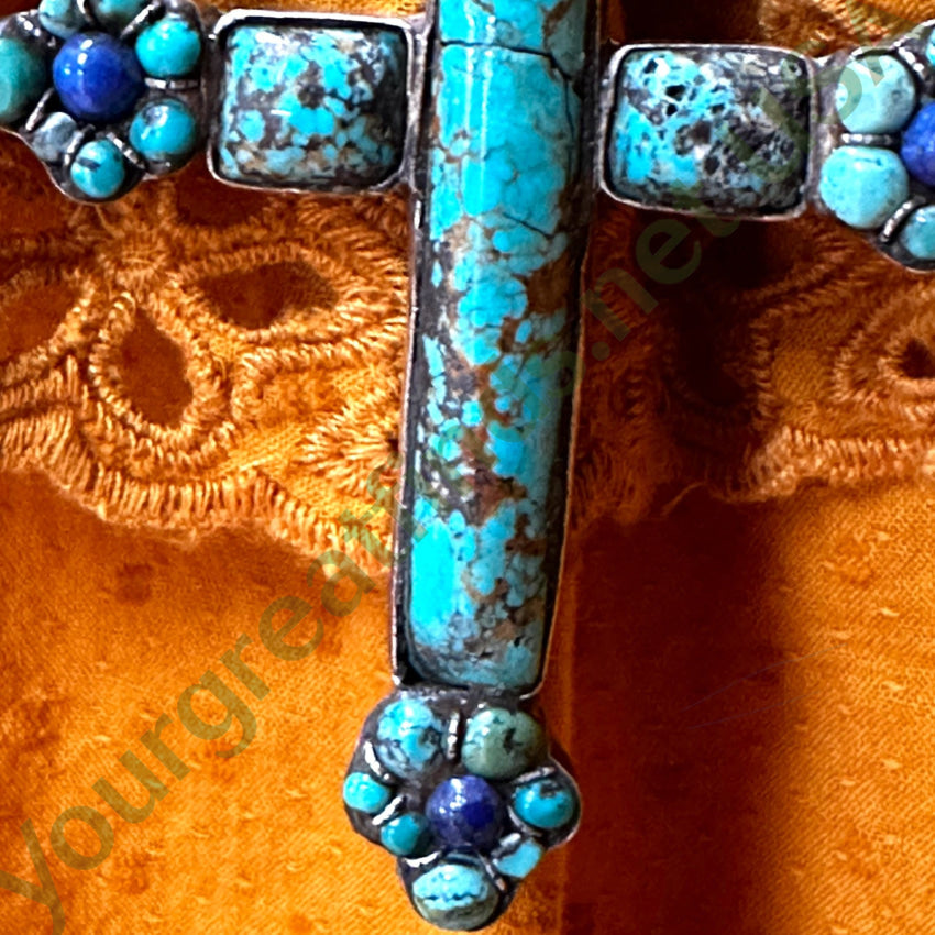 Large Chunky Sterling Silver Turquoise Lapis Cross Necklace Necklace
