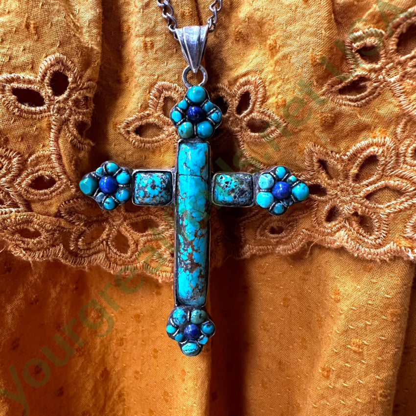 Large Chunky Sterling Silver Turquoise Lapis Cross Necklace Necklace