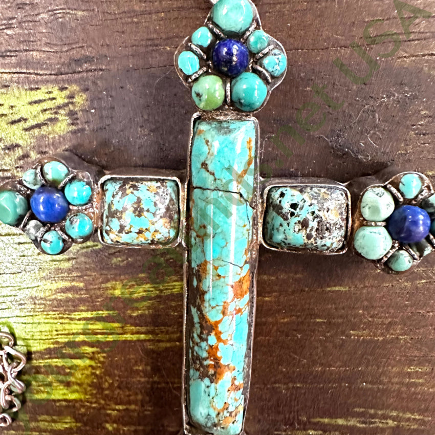 Large Chunky Sterling Silver Turquoise Lapis Cross Necklace Necklace