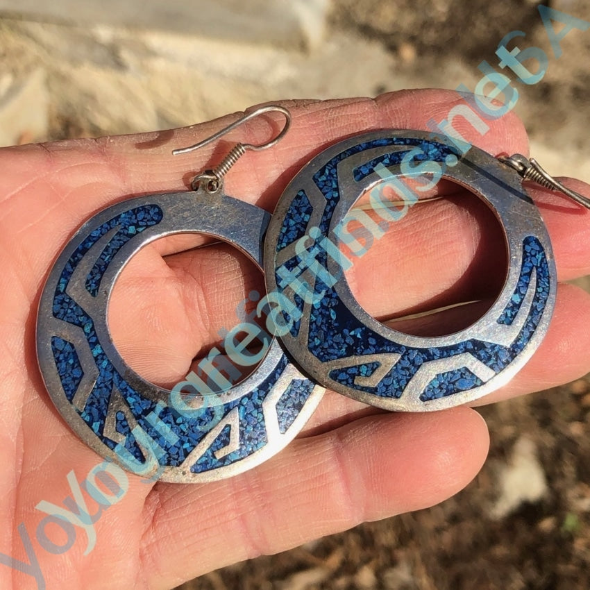 Large Mexican Hoop Earrings with Azurite Mosaic in Sterling Silver Yourgreatfinds