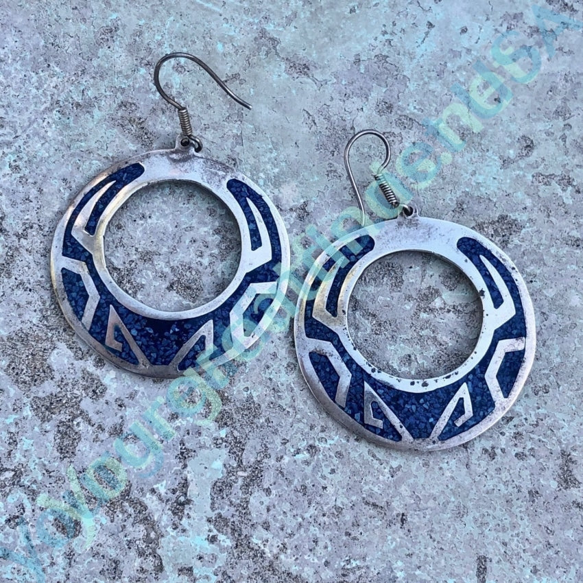 Large Mexican Hoop Earrings with Azurite Mosaic in Sterling Silver Yourgreatfinds
