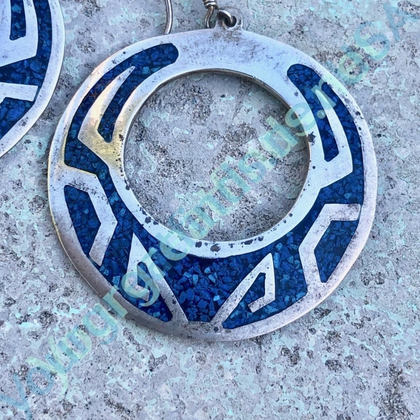 Large Mexican Hoop Earrings with Azurite Mosaic in Sterling Silver Yourgreatfinds