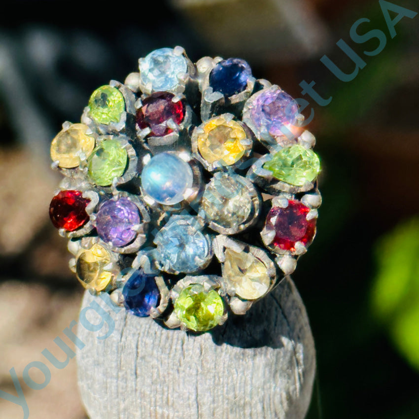 Large Multi-Gemstone Sterling Silver Dome Ring 6 3/4