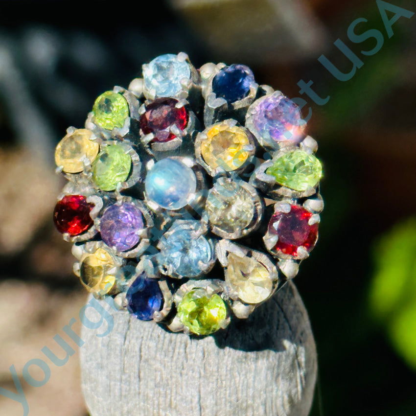 Large Multi-Gemstone Sterling Silver Dome Ring 6 3/4