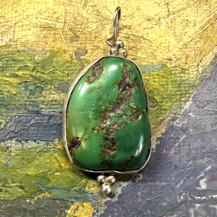 Large Navajo Sterling Silver Green Turquoise Pendant Pendant