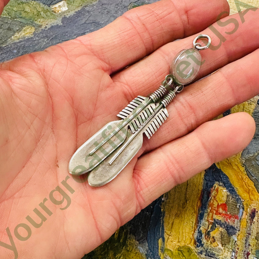 Large Navajo Sterling Silver Rose Quartz 2 Feather Pendant Pendant