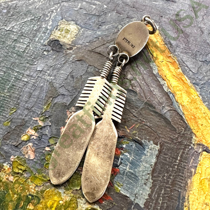 Large Navajo Sterling Silver Rose Quartz 2 Feather Pendant Pendant