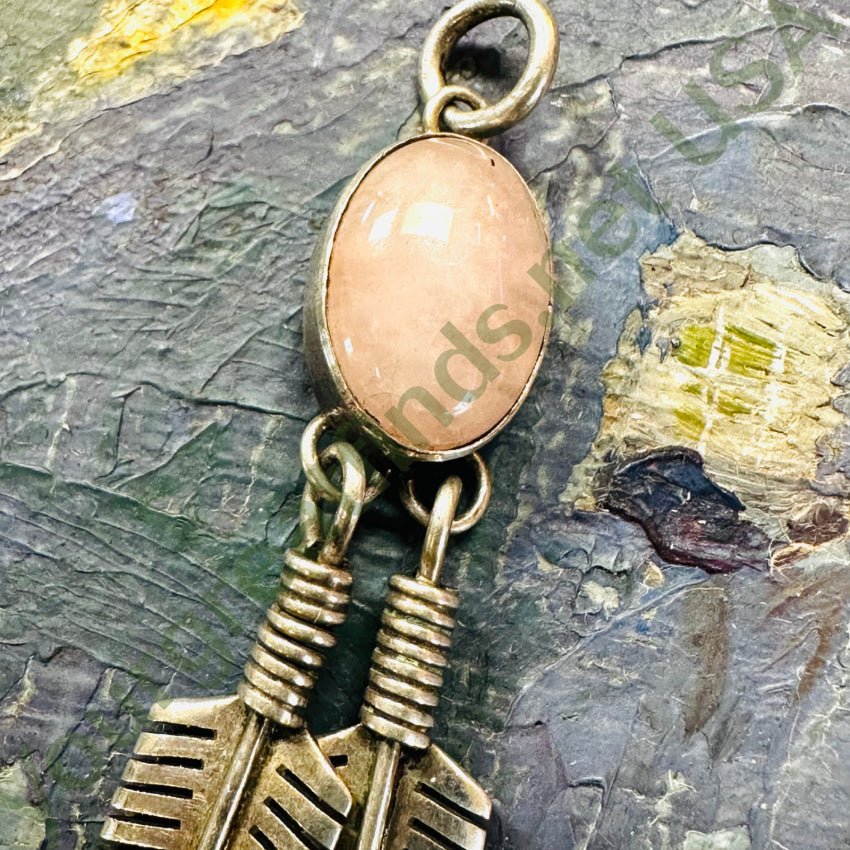Large Navajo Sterling Silver Rose Quartz 2 Feather Pendant Pendant