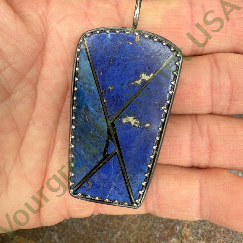 Large Pendant Inlay Lapis Lazuli Denim Blue Sterling Silver Vintage pendant