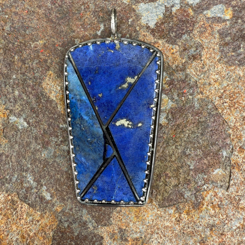 Large Pendant Inlay Lapis Lazuli Denim Blue Sterling Silver Vintage pendant