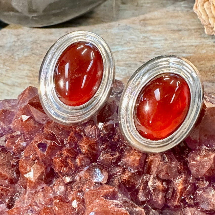 Large Red Carnelian Sterling Silver Post Earrings Mexico Earrings