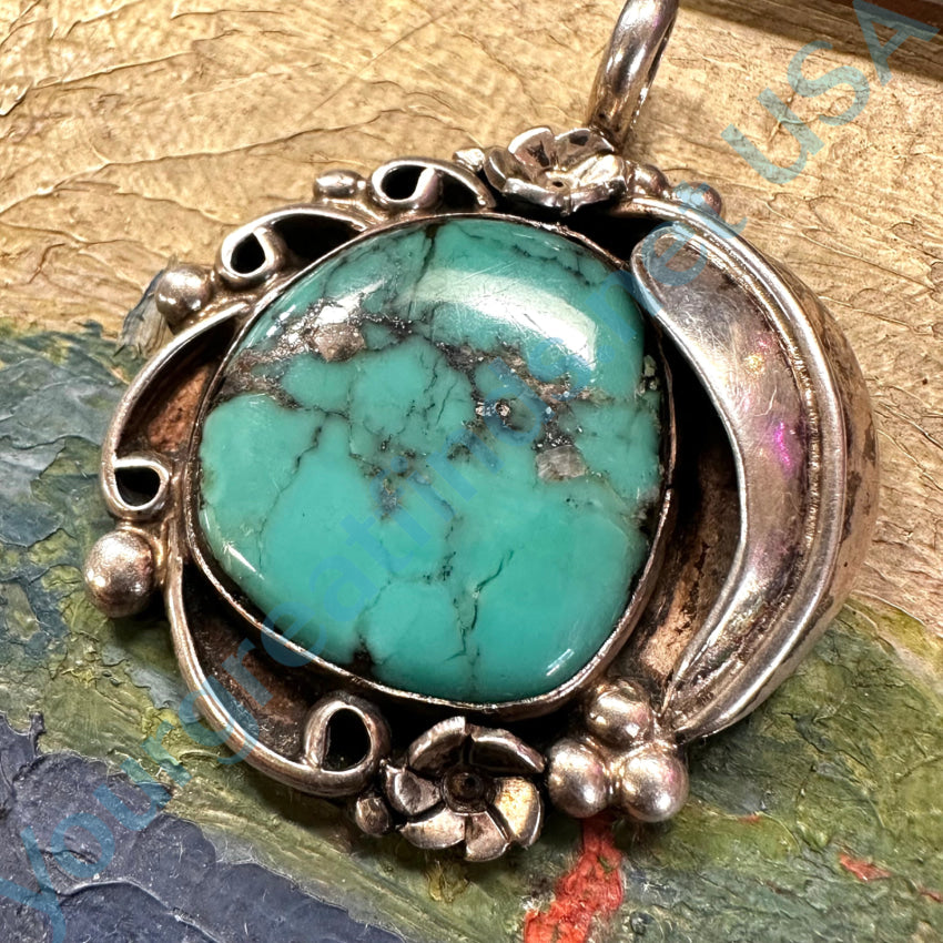 Large Signed Navajo Sterling Silver Spider Web Turquoise Pendant Pendant