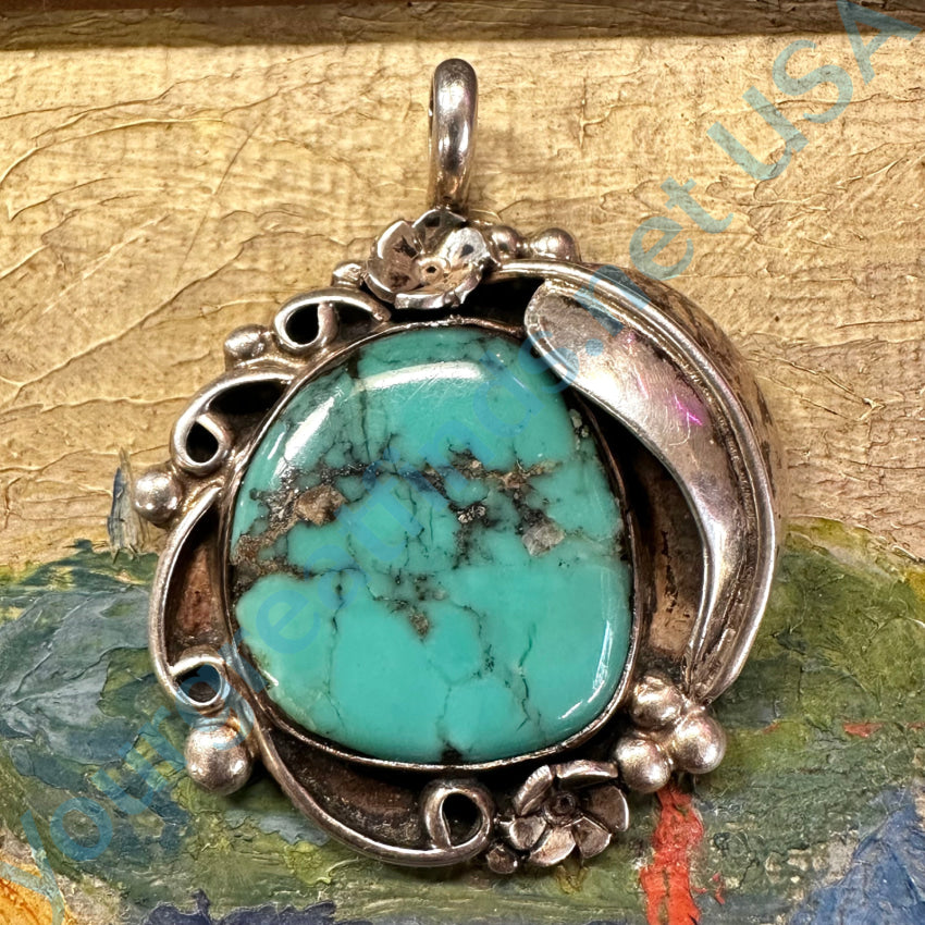 Large Signed Navajo Sterling Silver Spider Web Turquoise Pendant Pendant