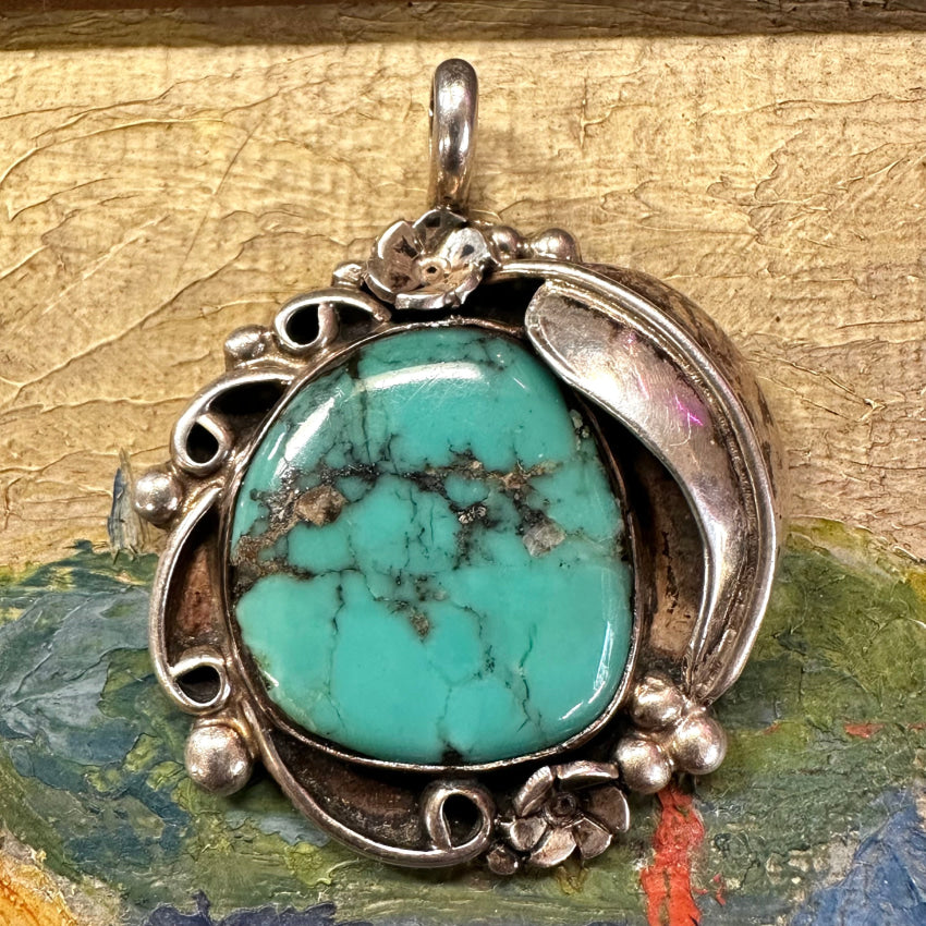 Large Signed Navajo Sterling Silver Spider Web Turquoise Pendant Pendant