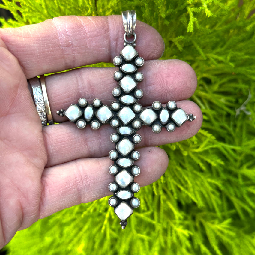 Large Sterling Silver & Freshwater Pearl Holy Cross Pendant Pendant