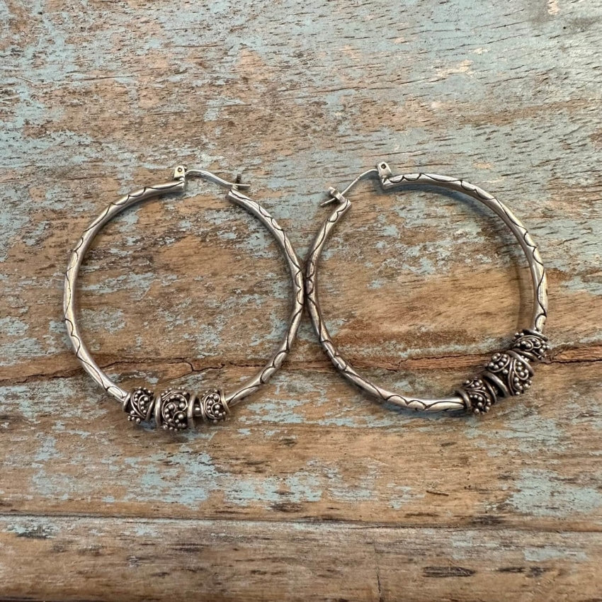 Large Sterling Silver Hoop Earrings Granulated Beads