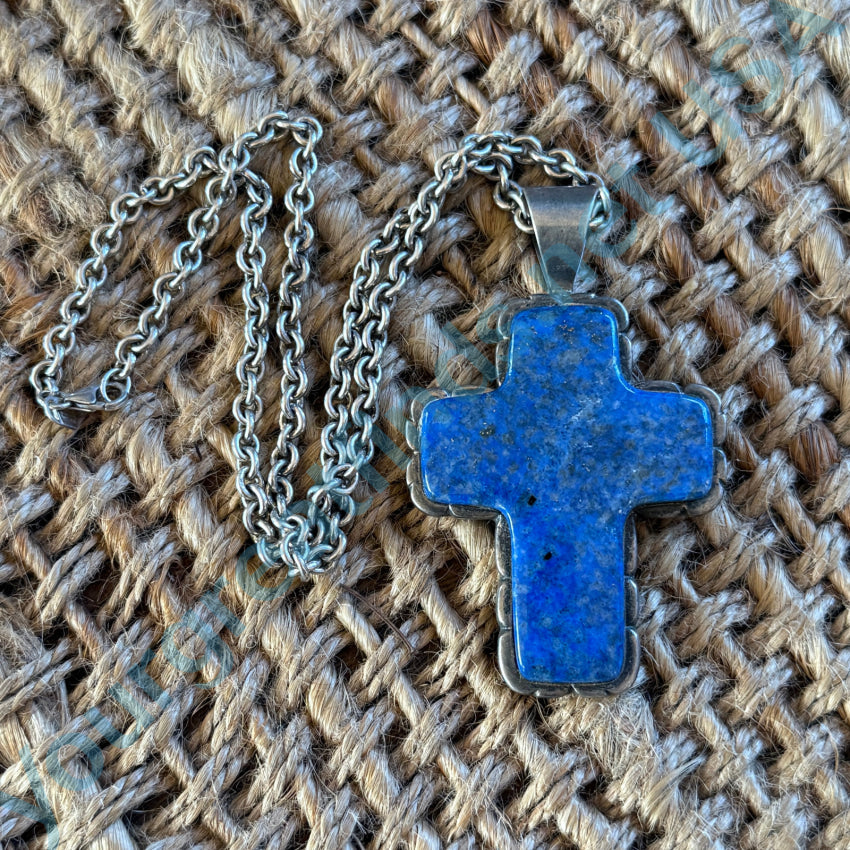 Large Sterling Silver Lapis Lazuli Cross Necklace.999 Chain Necklace