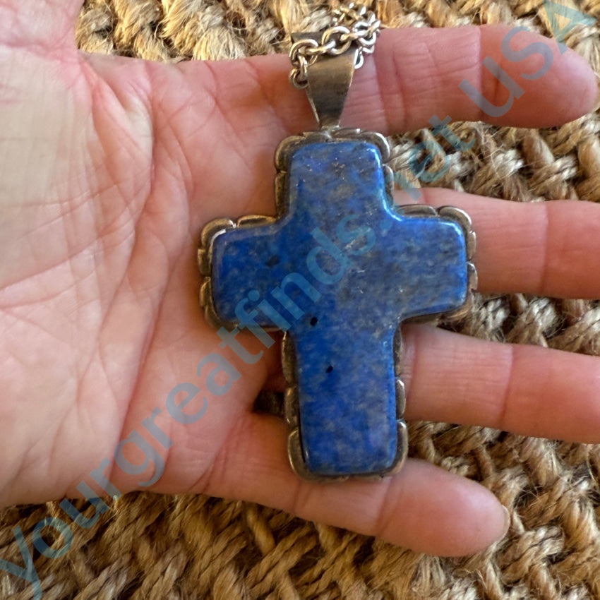 Large Sterling Silver Lapis Lazuli Cross Necklace.999 Chain Necklace